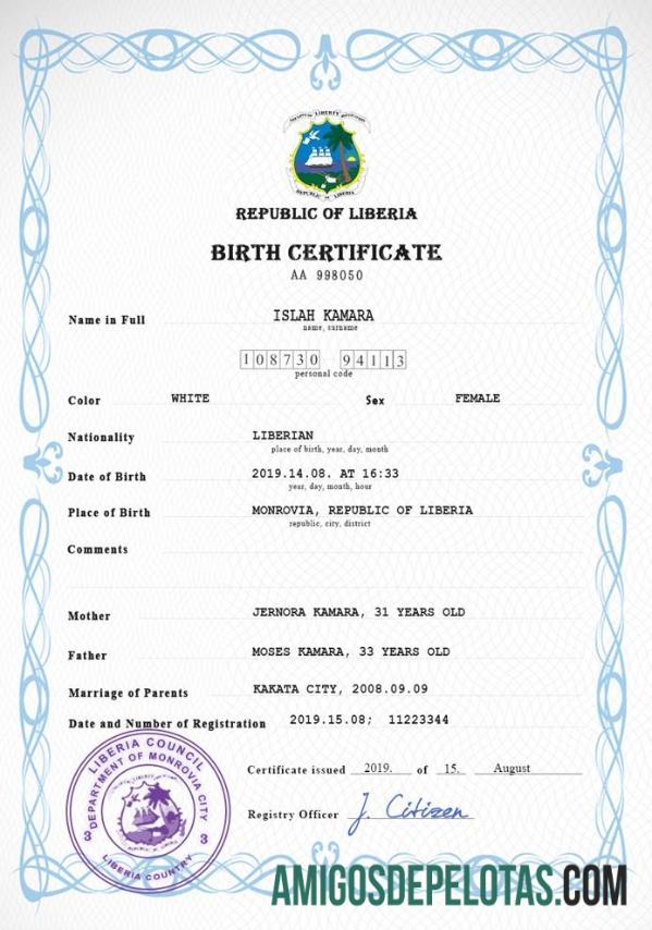 Imprimível modelo PSD de certidão de nascimento de registro vital da Libéria